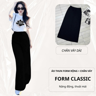 Set Bộ Áo Thun Nữ CHEPOL Form Rộng, Cổ Tròn, Phối Chân Váy, In Hoa, Chất Cotton (Áo Phông Trắng+Chân Váy Xuông)-CP_x5714