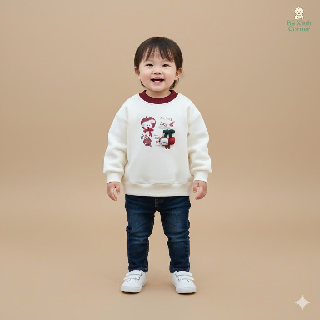 BÉ XINH CORNER | Áo Nỉ Dày Lót Lông Cừu Trắng Kem Cao Cấp - Ấm Áp Cho Bé Mùa Đông