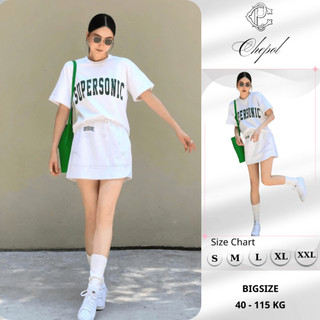 Bộ Áo Phông Nữ Chepol Cao Cấp, Form Rộng, In Chữ, Cổ Tròn, Phối Chân Váy, Chất Cotton (Áo Thun Trắng + CV Trắng)CP_x9833