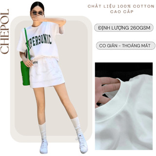 Bộ Áo Phông Nữ Chepol Cao Cấp, Form Rộng, In Chữ, Cổ Tròn, Phối Chân Váy, Chất Cotton (Áo Thun Trắng + CV Trắng)CP_x9833