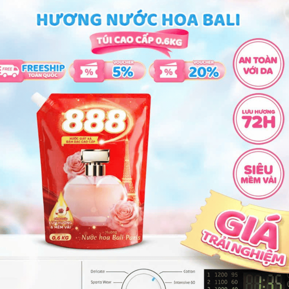 Nước Giặt Xả 888 Hương Nước Hoa Bali 0.6Kg / lưu hương 72 giờ / ko hại da tay bền màu áo quần thơm lâu
