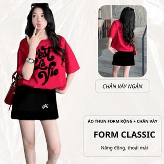 Set Bộ Áo Phông Nữ Chepol Form Rộng, In Chữ, Cổ Tròn, Phối Chân Váy, Chất Cotton (Áo Thun Đỏ Tươi+Chân Váy Ngắn)CP_x4760