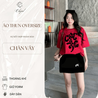 Set Bộ Áo Phông Nữ Chepol Form Rộng, In Chữ, Cổ Tròn, Phối Chân Váy, Chất Cotton (Áo Thun Đỏ Tươi+Chân Váy Ngắn)CP_x4760