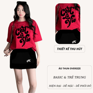 Set Bộ Áo Phông Nữ Chepol Form Rộng, In Chữ, Cổ Tròn, Phối Chân Váy, Chất Cotton (Áo Thun Đỏ Tươi+Chân Váy Ngắn)CP_x4760