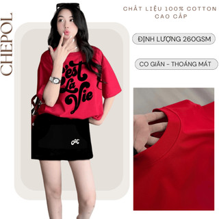Set Bộ Áo Phông Nữ Chepol Form Rộng, In Chữ, Cổ Tròn, Phối Chân Váy, Chất Cotton (Áo Thun Đỏ Tươi+Chân Váy Ngắn)CP_x4760