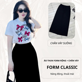 Bộ Áo Phông Nữ Chepol Cổ tròn, Form Rộng, Tay ngắn, Chất Cotton Cao Cấp Co Giãn ( Áo Thun Trắng+Chân Váy Xuông )CP_x5264
