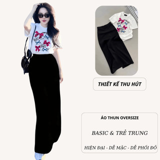 Bộ Áo Phông Nữ Chepol Cổ tròn, Form Rộng, Tay ngắn, Chất Cotton Cao Cấp Co Giãn ( Áo Thun Trắng+Chân Váy Xuông )CP_x5264