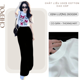 Bộ Áo Phông Nữ Chepol Cổ tròn, Form Rộng, Tay ngắn, Chất Cotton Cao Cấp Co Giãn ( Áo Thun Trắng+Chân Váy Xuông )CP_x5264