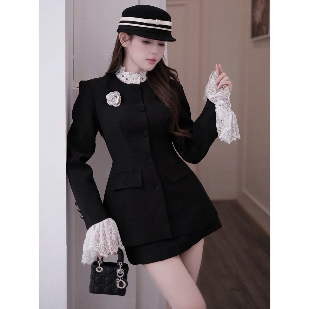 [Sẵn M]Set áo kèm cv, áo vest cúc bọc cổ ren S174 SM