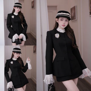 Set áo kèm cv, áo vest cúc bọc cổ ren S174 SM