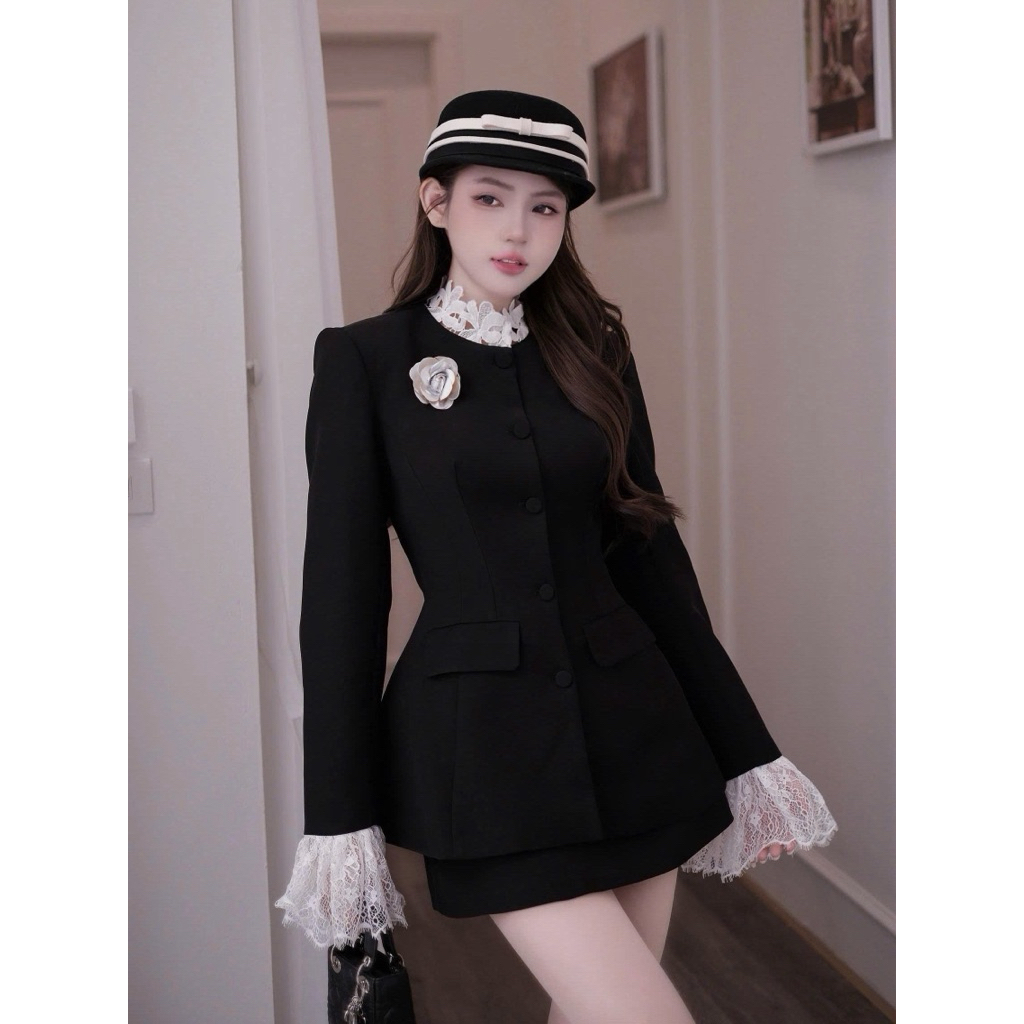 [Sẵn M]Set áo kèm cv, áo vest cúc bọc cổ ren S174 SM