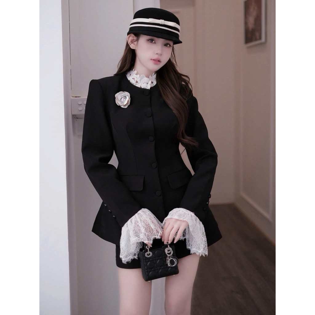 [Sẵn M]Set áo kèm cv, áo vest cúc bọc cổ ren S174 SM