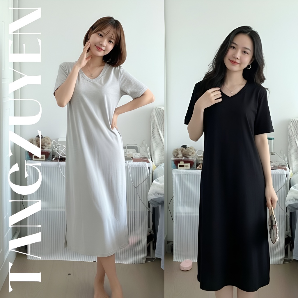 Đầm thun nữ đơn giản Váy suông cộc tay cổ tim form rộng chất thun cotton dày dặn đen trắng basic xẻ tà T676G