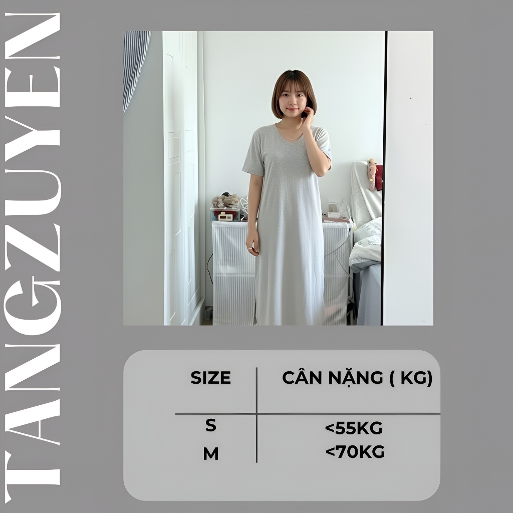 Đầm thun nữ đơn giản Váy suông cộc tay cổ tim form rộng chất thun cotton dày dặn đen trắng basic xẻ tà T676G