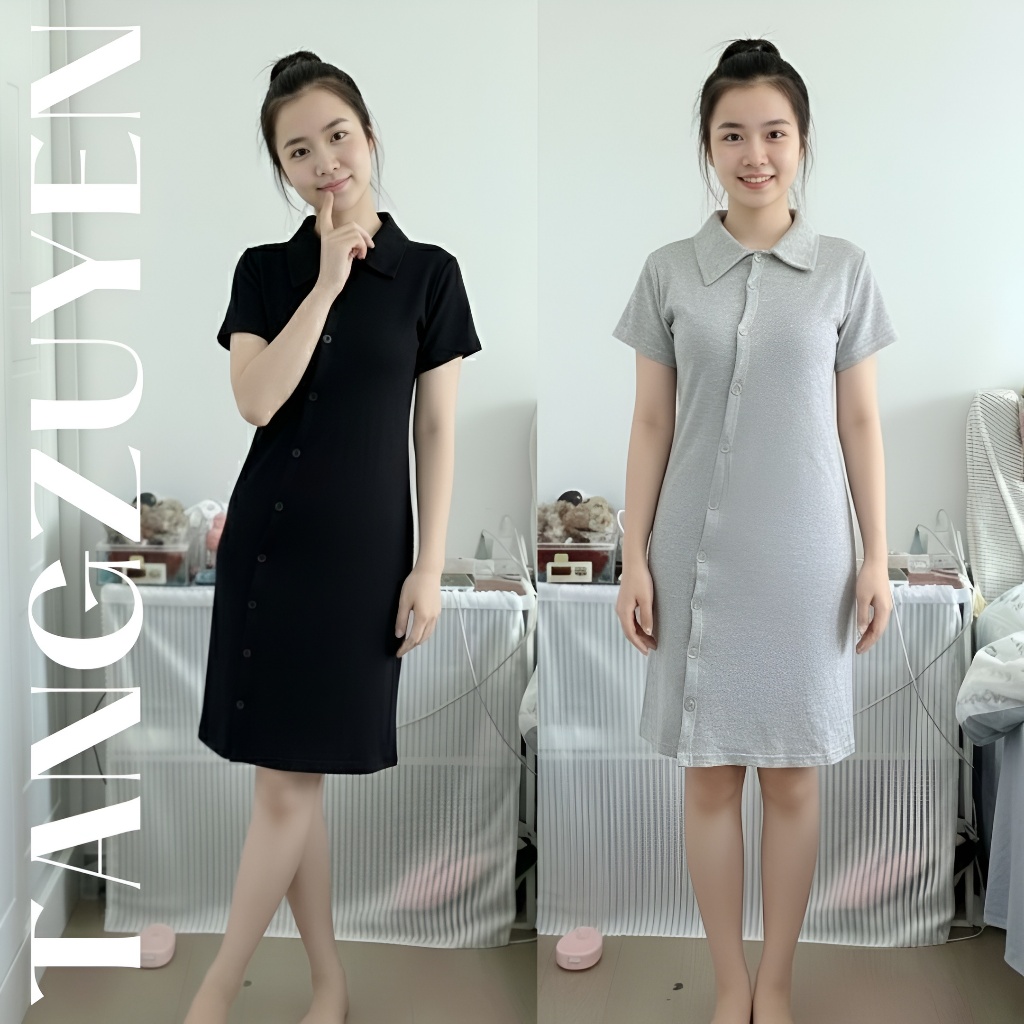 Đầm nữ polo cổ bẻ vạt chéo dài trên gối Váy thun ôm body xám đen thể thao cài cúc đơn giản trẻ trung T62G