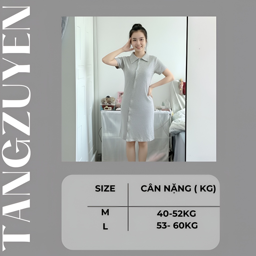 Đầm nữ polo cổ bẻ vạt chéo dài trên gối Váy thun ôm body xám đen thể thao cài cúc đơn giản trẻ trung T62G