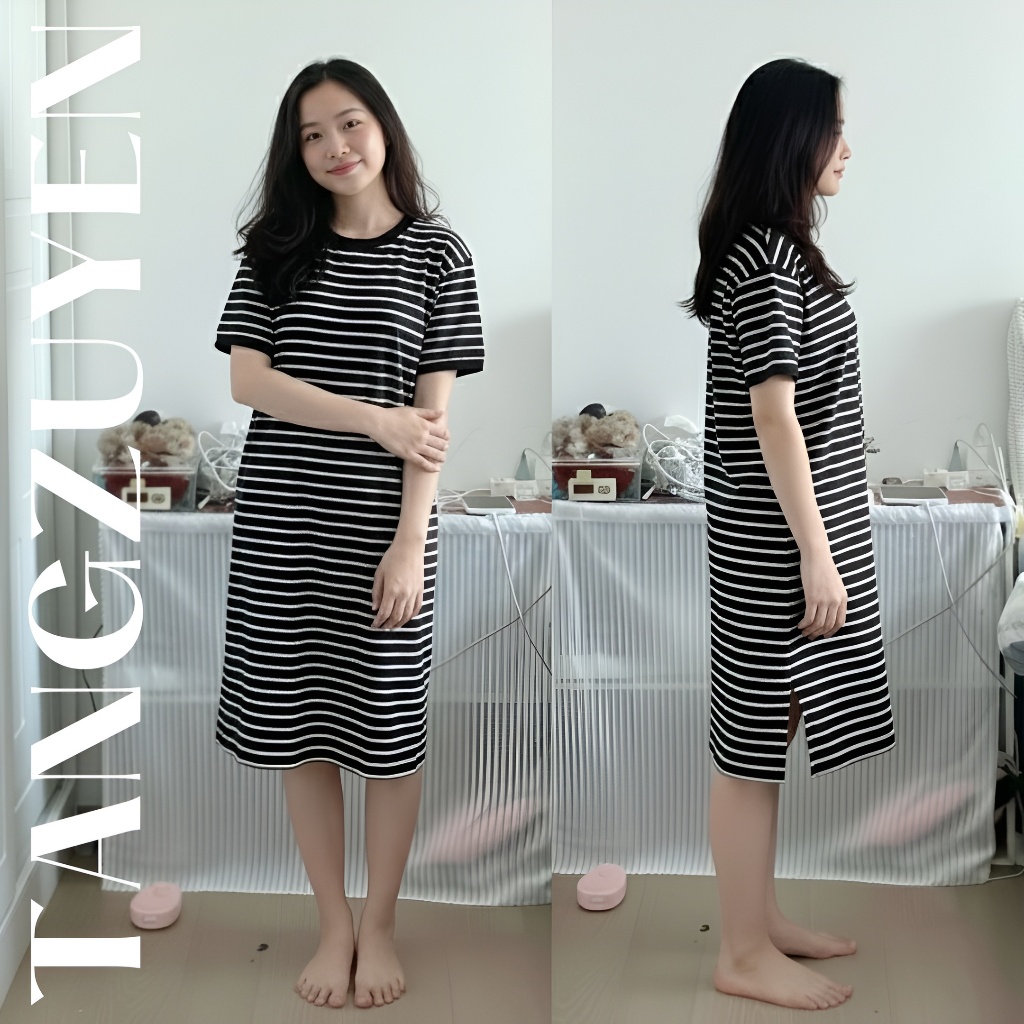 Váy thun không cổ cộc tay kẻ ngang đen trắng form rộng dáng dài Đầm suông maxi viền đen cổ tròn ngắn tay phông bầu T128G