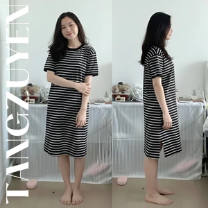 Váy thun không cổ cộc tay kẻ ngang đen trắng form rộng dáng dài Đầm suông maxi viền đen cổ tròn ngắn tay phông bầu T128G