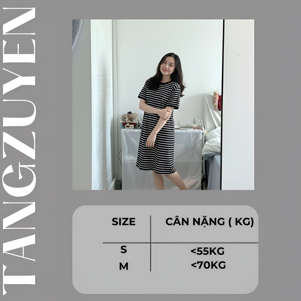 Váy thun không cổ cộc tay kẻ ngang đen trắng form rộng dáng dài Đầm suông maxi viền đen cổ tròn ngắn tay phông bầu T128G