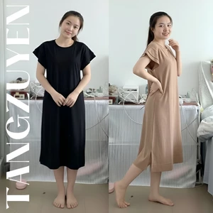 Váy thun suông không cổ cộc tay cánh tiên 2 lớp đen nâu dáng dài Đầm nữ form rộng bầu mặc được basic bigsize xinh T170G