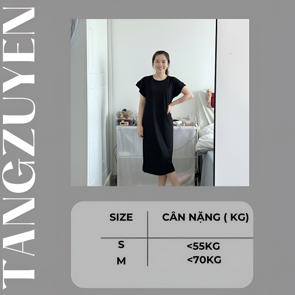 Váy thun suông không cổ cộc tay cánh tiên 2 lớp đen nâu dáng dài Đầm nữ form rộng bầu mặc được basic bigsize xinh T170G