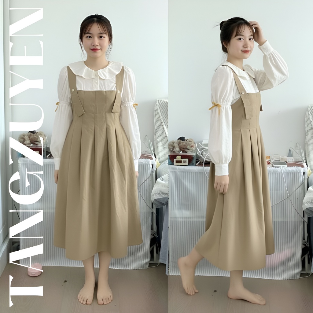 Váy phối yếm Đầm sơ mi cổ sen dài tay đính nơ  2 dây nâu dáng rộng dễ thương nữ suông bầu mặc được cute xinh T1096G