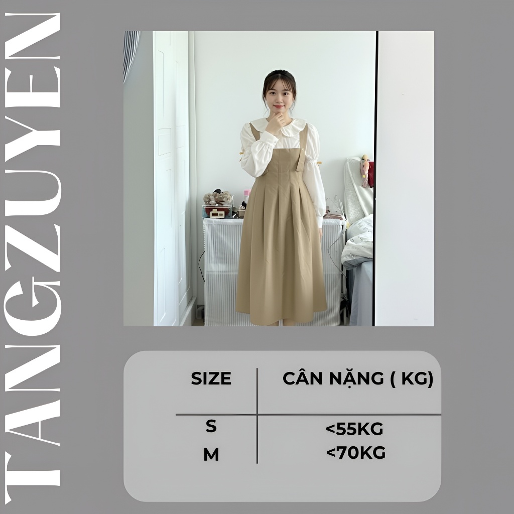 Váy phối yếm Đầm sơ mi cổ sen dài tay đính nơ  2 dây nâu dáng rộng dễ thương nữ suông bầu mặc được cute xinh T1096G