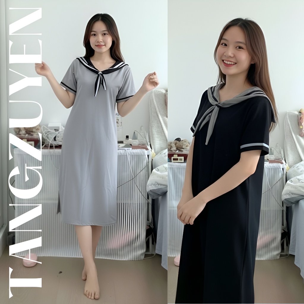 Váy suông dáng dài cổ thủy thủ cộc tay Đầm bầu cổ sen nơ dễ thương bigsize chubby mặc nhà đi chơi basic form rộng T1387G