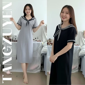 Váy suông dáng dài cổ thủy thủ cộc tay Đầm bầu cổ sen nơ dễ thương bigsize chubby mặc nhà đi chơi basic form rộng T1387G