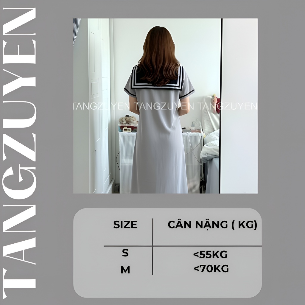 Váy suông dáng dài cổ thủy thủ cộc tay Đầm bầu cổ sen nơ dễ thương bigsize chubby mặc nhà đi chơi basic form rộng T1387G
