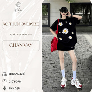 Set Áo Phông Nữ CHEPOL In Hoa Trắng, Cổ Tròn, Phối Chân Váy Ngắn, Chất Cotton Cao Cấp (Áo Thun Đen+Chân Váy Đen)CP_x7602