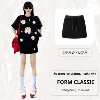 Set Áo Phông Nữ CHEPOL In Hoa Trắng, Cổ Tròn, Phối Chân Váy Ngắn, Chất Cotton Cao Cấp (Áo Thun Đen+Chân Váy Đen)CP_x7602
