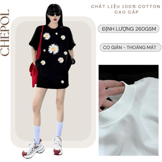 Set Áo Phông Nữ CHEPOL In Hoa Trắng, Cổ Tròn, Phối Chân Váy Ngắn, Chất Cotton Cao Cấp (Áo Thun Đen+Chân Váy Đen)CP_x7602