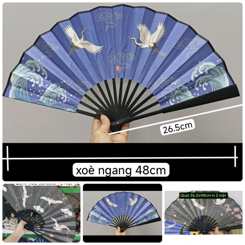 Quạt xếp xoè 26.5x48cm/33cmx60cm phong cách Nhật hạc in 2 mặt