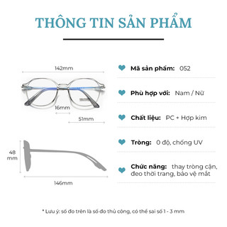 Gọng kính cận nữ nam thời trang mắt kính giả cận không độ râm mát chống ánh sáng xanh phong cách Ulzzang 052