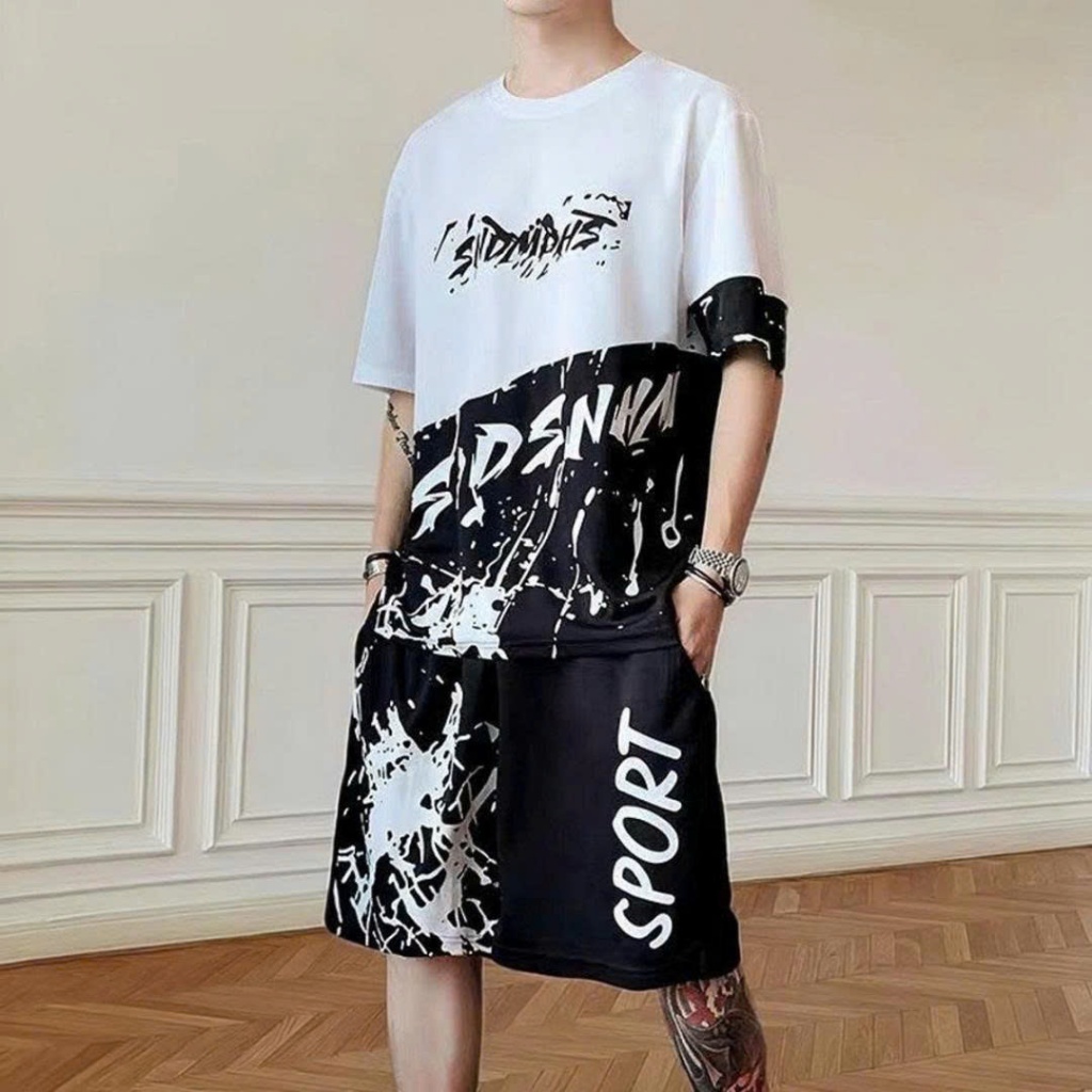 Bộ nam hè cộc tay phối đen trắng RKICFN LUB bộ thể thao nam mùa hè chất thun co giãn 4c K1
