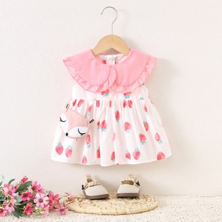 Váy sát nách cổ búp bê bèo to vải thô cotton quả dâu tây dễ thương D1242 Bí Ngô Nhỏ