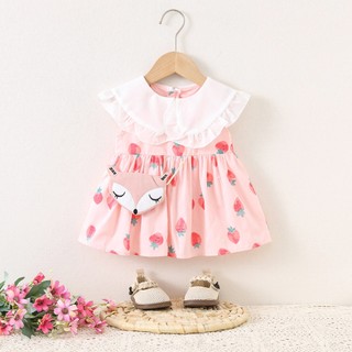 Váy sát nách cổ búp bê bèo to vải thô cotton quả dâu tây dễ thương D1242 Bí Ngô Nhỏ
