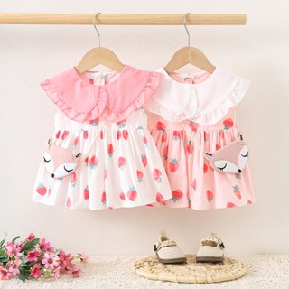 Váy sát nách cổ búp bê bèo to vải thô cotton quả dâu tây dễ thương D1242 Bí Ngô Nhỏ