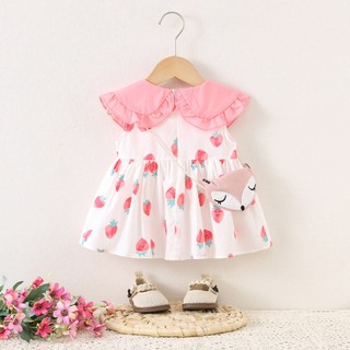 Váy sát nách cổ búp bê bèo to vải thô cotton quả dâu tây dễ thương D1242 Bí Ngô Nhỏ