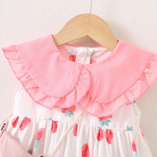 Váy sát nách cổ búp bê bèo to vải thô cotton quả dâu tây dễ thương D1242 Bí Ngô Nhỏ