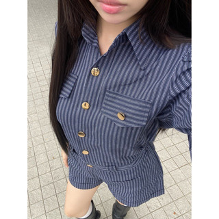 jumpsuit sơ mi, kẻ sọc, tay bồng