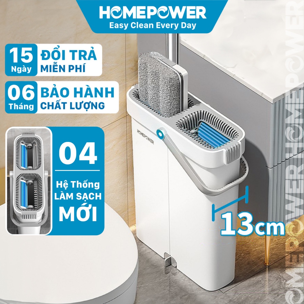 Bộ Cây Lau Nhà Tự Vắt Homepower BS-03, Chổi Lau Nhà 360 Độ Siêu Mỏng 4 Hệ Thống Làm Sạch Mới