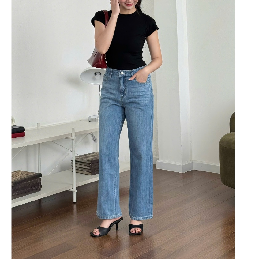 Quần Jeans Nữ REDE Ống Rộng LD-02, Chất Denim Mềm Rũ, Không Co Giãn, Lưng Cao, Xanh Nhạt Wash