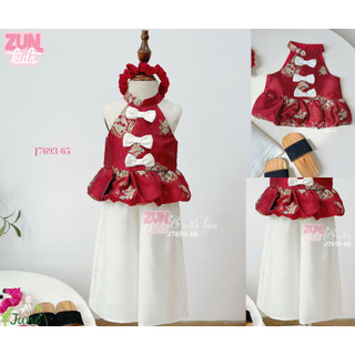 Set Đồ Bộ Bé Gái J7693 Áo Gấm In Nổi gồm áo Cổ Yếm Tàu Đính Nơ + Quần Lụa Dài