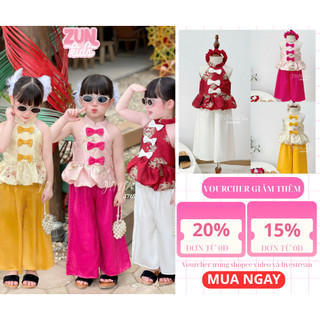 Set Đồ Bộ Bé Gái J7693 Áo Gấm In Nổi gồm áo Cổ Yếm Tàu Đính Nơ + Quần Lụa Dài