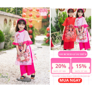Bộ áo dài tơ Cao Cấp + Quần Lụa Mềm Bé Gái In Hình Cô Gái J9333  Phù Hợp 2-10 Tuổi