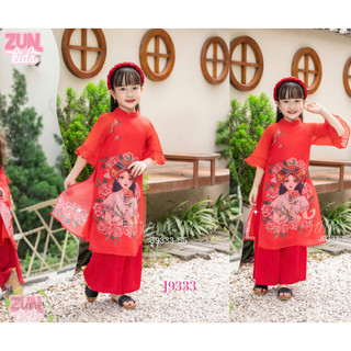 Bộ áo dài tơ Cao Cấp + Quần Lụa Mềm Bé Gái In Hình Cô Gái J9333  Phù Hợp 2-10 Tuổi