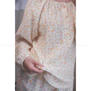 Đồ ngủ nữ tay dài quần dài – Pyjama vải xô muslin cổ tròn họa tiết | KNG.studio (Tặng kèm dây buộc tóc scrunchies)