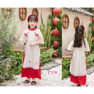Áo Dài Truyền Thống Bé Gái J7130 – Thêu Hoa 3D Cao Cấp, Chất Tơ Thêu Mềm Mịn, Quần Lụa Latin